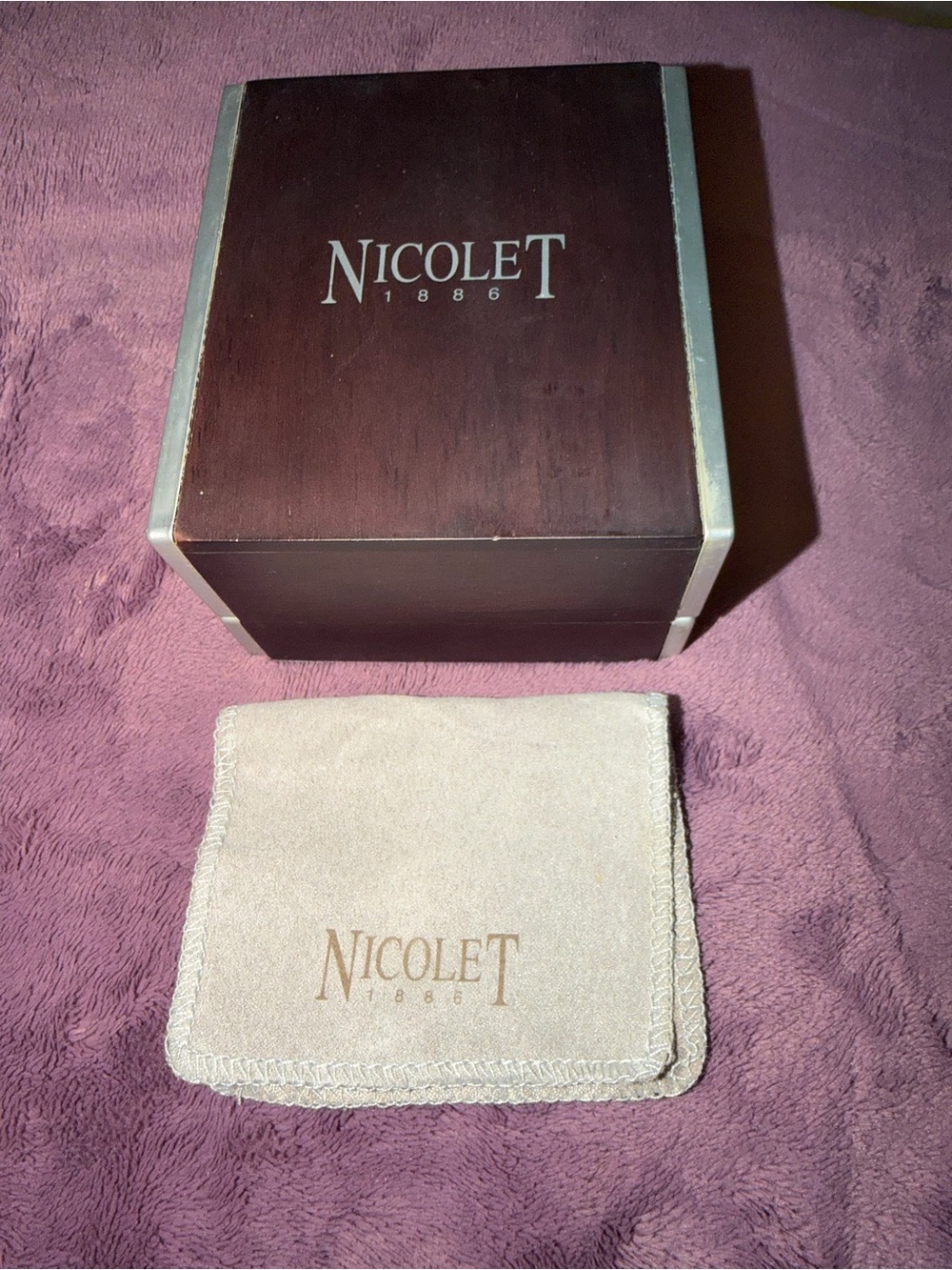 Nicole Wood Watch Box with Silver Trim and Cream Microfiber Pouch